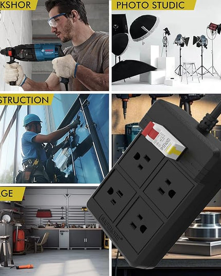 GFCI Power Strips with 9.84 FT Heavy Duty Extension Cord, 4 Gang Sockets 15A Fused SAFEMORE Power Strip 1875J with 30mA RCBO Leakage Protection,Surge Protected for Workshop Garage RV Indoor (Black)
