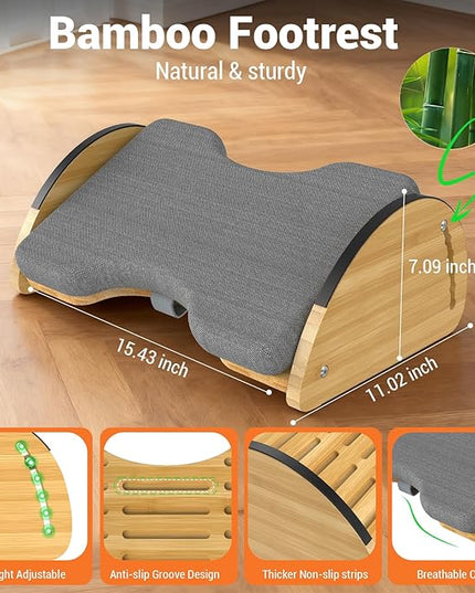 Bamboo Foot Rest for Under Desk at Work - 3-in-1 Reversible Rocking Under Desk Footrest with Foam Cushion and 6 Adjustable Heights, Ergonomic Foot Rest with Washable Cover for Home, Office and Gaming