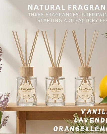 Reed Diffuser Set, Binca Vidou Lavender Vanilla Orange & Lemon Natural Scent Oil Diffusers with Sticks for Home Office Bathroom Aromatherapy Decor 2.7oz x 3