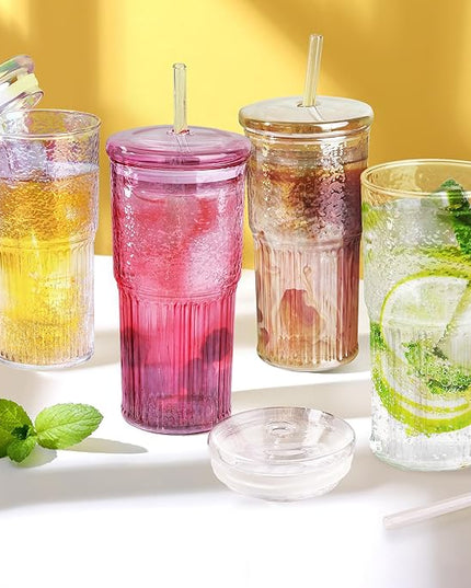 Joeyan 22 oz Pink Glass Tumbler with Straw and Lid for Iced Tea Coffee Smoothie Water Juice Beverages Soda,Ribbed Glasses Cups,Borosilicate Drinking Jar,Set of 2,Dishwasher Safe