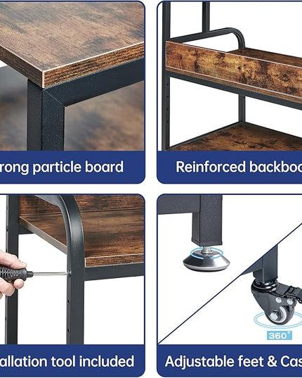 32.3" Wide Extra Large Printer Stand, 3 Tier Printer Table with Adjustable Storage Shelf, Rolling Printer Cart with Industrial Wheels for Home Office, Rustic Brown