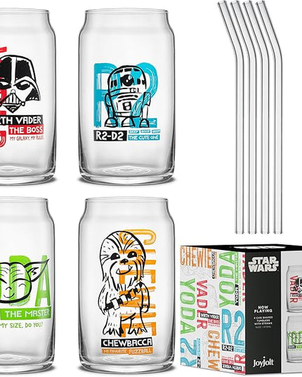 JoyJolt Star Wars Now Playing Collection Tumblers, 16.9oz Classic Can Shape Glass Tumbler Set of 4 w/Glass Straws