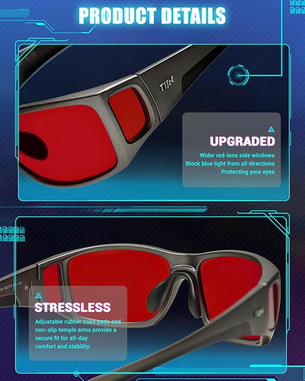 TIJN Sonia Sleep Glasses for Blue & Green Light Blocking,Red Lens with Dual AR Coating,Wraparound Frame for Gaming Screen
