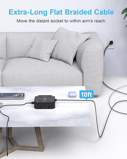 10FT Surge Protector Power Strip, Braided Extension Cord, 8 Outlets 4 USB Ports(2 USB C), Flat Plug Power Strip, USB Desktop Charging Station for Office School Travel Dorm Room Essentials