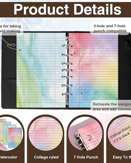 100 Sheet 5.5" x 8.5" Colored Loose Leaf Paper Half Letter Lined Paper 7 hole punched Wide Ruled Paper Refills College Ruled Notebook Paper Watercolor 80GSM For 3 Or 7 Ring Binders
