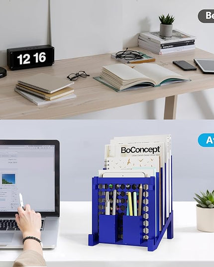File Organizer for Desk with Storage Box & Hook, Inclined Desk File Organizer with 5-Section Vertical File Holder suitable for Home Office Document Organization