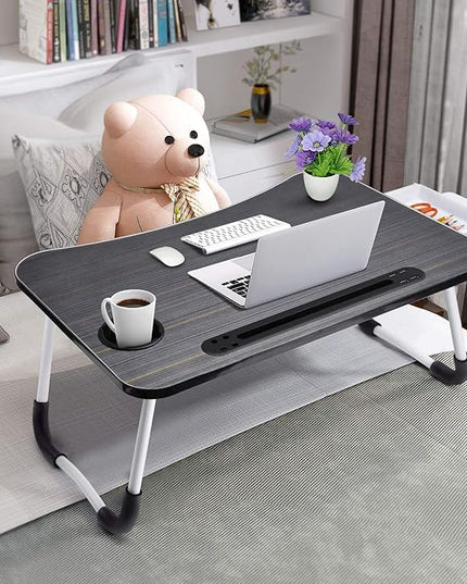 Slendor Lap Desk with Tablet Slot, Foldable Laptop Table with Storage Drawer for Bed，Portable Bed Desk for Laptop, Computer Tray with Cup Holder Notebook Stand Reading Holder for Couch Floor, Black