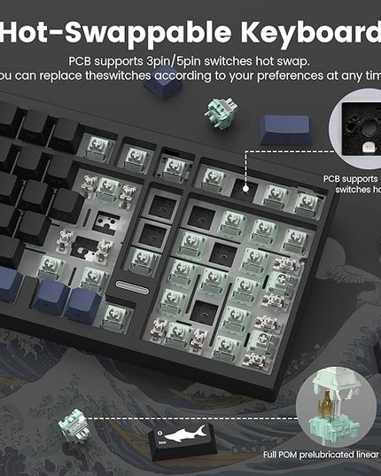 Wireless Gaming Keyboard QMK/VIA, Mechanical Keyboard, Bluetooth 5.0/2.4GHz/USB-C,Hot Swappable Custom Keyboard,Gasket Structure,Pre-lubed Linear Switches RGB Backlit ComputerKeyboards