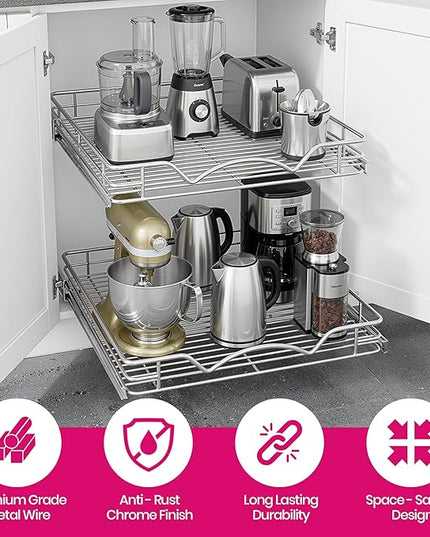 HOLDN’ STORAGE Two Tier Pull Out Cabinet Organizer, Individual Sliding Drawers - Heavy Duty Metal with Lifetime Limited Warranty - Anti Rust Chrome Finish - 14" W x 21”D x 16.5" H