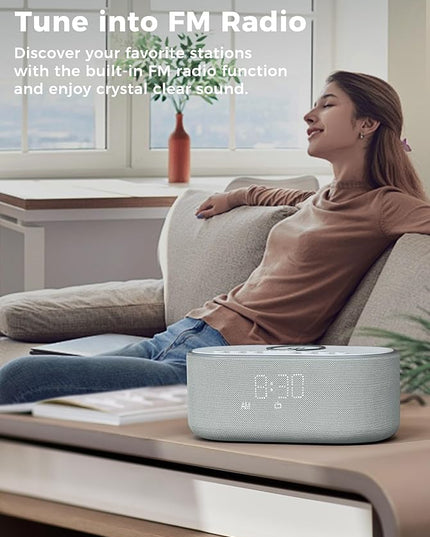 Wireless Charging Alarm Clock Radio: Qi Certified Fast Wireless Charger for iPhone Samsung - 10W Stereo Bluetooth Speaker - Dimmable Digital Clock with FM Radio for Bedroom Cloud Blue