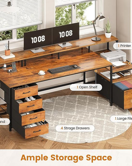SEDETA Home Office Desk with File Drawer & Power Outlet, 75'' Large Computer Desk with 5 Drawer, Storage Shelves, Monitor Shelf and Led Lights, 23.6" W Desktop Gaming Desk, Rustic Brown