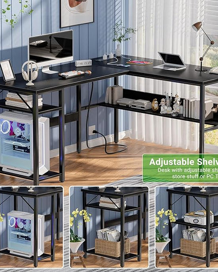 Unikito Reversible L Shaped Desk with Magic Power Outlets and USB Charging Ports, Sturdy Corner Computer Desk with Storage Shelves, Gaming Table Home Office Desk, Easy to Assemble, Black