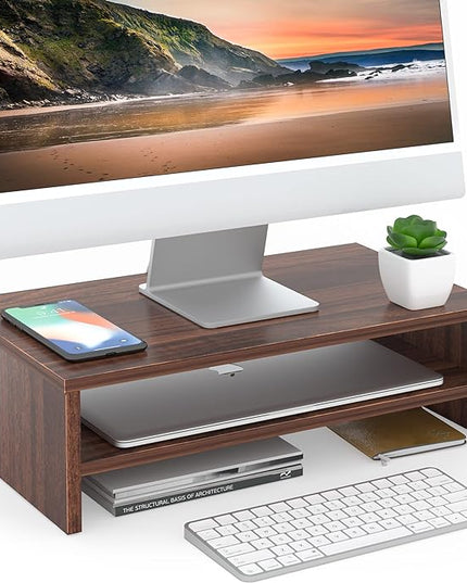 FITUEYES Monitor Stand - 2 Tier Computer Monitor Riser Shelf, Wood Desktop Stand for Laptop Computer Screen, Desk Organization, Office Supplies