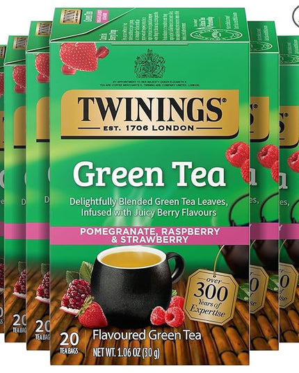 Twinings Green Tea with Pomegranate, Raspberry, & Strawberry Individually Wrapped Bags, 20 Count (Pack of 6), Caffeinated, Enjoy Hot or Iced, 120 Teabags