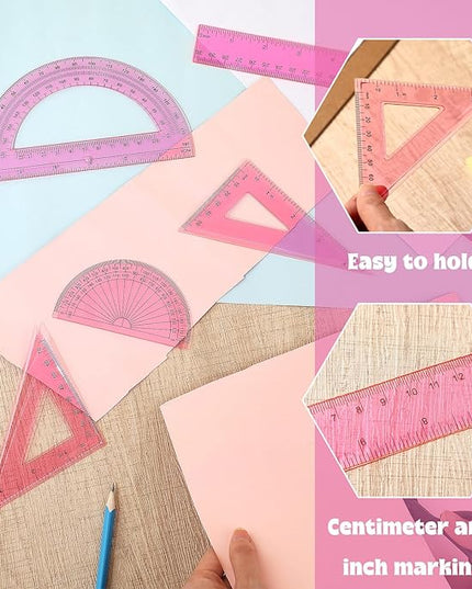 Tenare 1 Set Plastic Clear Math Set Includes Protractor Triangle Rulers 12 Inch 6 Inch Straight Geometry Math Transparent Ruler Measuring Tool for School Office Home Supplies(Pink)