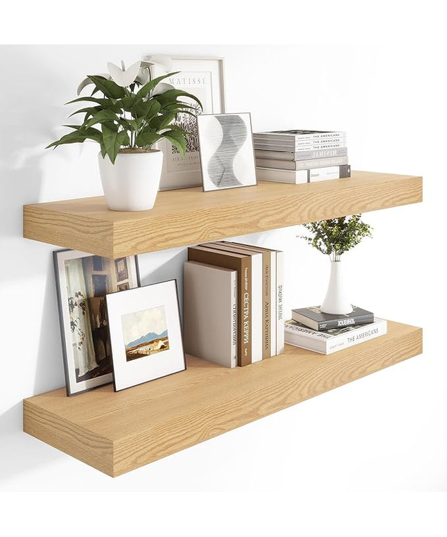 Heimlove 12 Inch Deep Floating Shelves, 48 x 12 inches Long Wall Shelf, Large Display Shelf & Storage Shelf, Rustic Wood Wall Shelves for Fireplace Mantel, Set of 2(Oak)