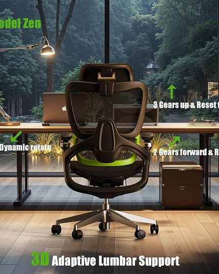 Ergonomic Office Chair, Mesh Home Office Desk Chair with Adaptive Lumbar Support, Gaming Chair with Headrest, 5D Armrest,90-130°Tilt, BIFMA Certified, Model Zen (Green)