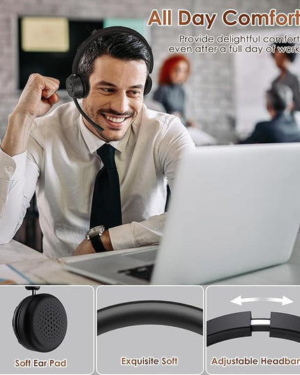 (Upgraded Version) Wireless Headset, Bluetooth Headset with Noise Cancelling Microphone, Best Headphones with Mic Mute & USB Dongle for PC/Computer/Laptop/Cell Phones/Remote Work/Call Center