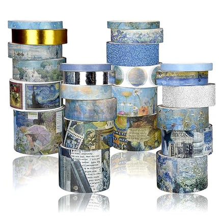 Sifaolp Washi Tape Set, 24 Rolls Vintage Washi Stickers, Assorted Sizes, for Junk Journal Scrapbook Tape, Bullet Journaling Scrapbooking Supplies, Planner Sticker DIY Craft DéCor (Blue)