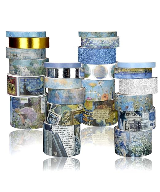 Sifaolp Washi Tape Set, 24 Rolls Vintage Washi Stickers, Assorted Sizes, for Junk Journal Scrapbook Tape, Bullet Journaling Scrapbooking Supplies, Planner Sticker DIY Craft DéCor (Blue)