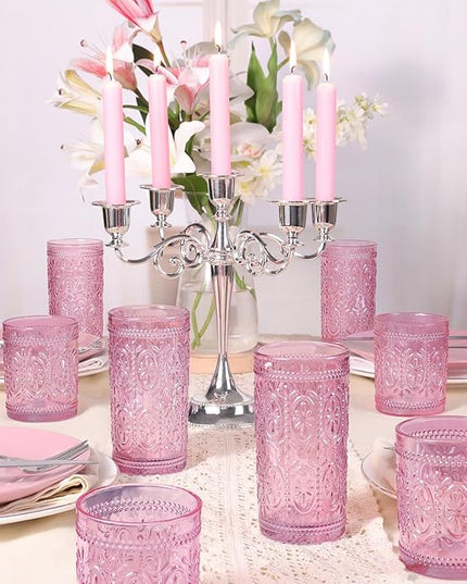 Pink Glassware set of 4, Vintage Drinking Glasses, 10oz Pink Heavy Duty Glass Cups, Old Fashioned Glass, Embossed Glasses Set for Party Wedding Home Office Glassesware Gift