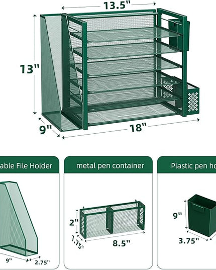 Simple Trending 6 Tier Desk File Organizer, Paper Letter Tray Organizer with File Holder and Pen Container, Green