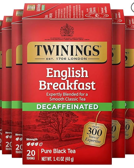 Twinings Decaffeinated English Breakfast Individually Wrapped Bags, 20 Count (Pack of 6), Flavourful & Robust, Enjoy Hot or Iced, 120 Teabags