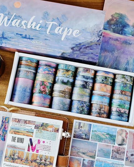 Bomichi 34 Rolls Washi Tape, Aesthetic Colored Decorative Cute Scrapbook Tape for Scrapbooking Supplies Journaling Craft Junk Journal