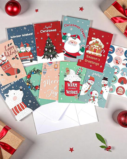 Thboxes 40 Pack Christmas Cards with Envelopes, 4x6 Inch Merry Christmas Cards, Funny Holiday Card with Envelopes & Stickers, 10 Assorted Designs Greeting Card for Xmas