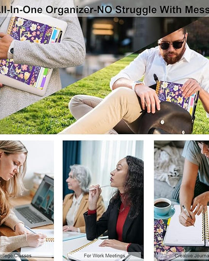 Spiral Journal Notebooks for Work, 300 Pages 5 Subject Notebook College Ruled with Dividers & Tabs, 8''x 10'' Large Notebook Journal for Women Students Note-Taking and Organizer (Purple Floral)