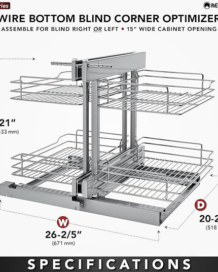 Rev-A-Shelf Dual Tier Pullout Shelf Organizer for Blind Corner Kitchen or Bathroom Cabinets with Soft Close,15", 4 Shelves, Chrome, 5PSP-15SC-CR