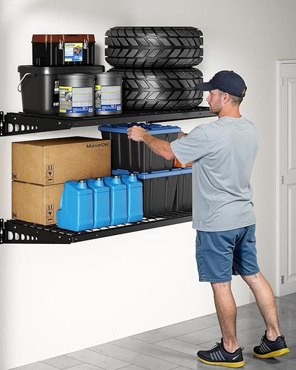 FLEXIMOUNTS 2 Pack 2x4ft Garage Storage 24x48 inch Heavy Duty Bike Wall Shelving Rack, 660lbs Total Weight Capacity, Black, Pro Series