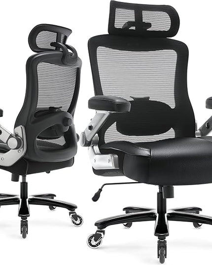 600lbs Big and Tall Office Chair- Heavy Duty Executive Computer Chair with 3D Flip Arms Large Wheels, Ergonomic Mesh High Back Desk Chair, Extra Wide Seat Adjustable Lumbar Support&Headrest