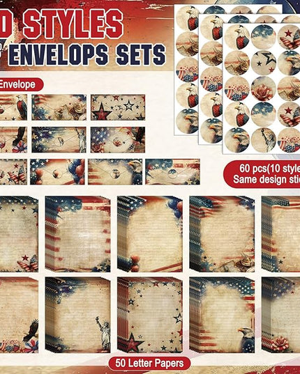 TaoBary 160 Pcs Stationery Paper Set 50 Double Sided Stationery Papers with 50 Matching Envelopes and 60 Round Dot Sticker, 10 Design(Patriotic,8.5 x 11 Inch)