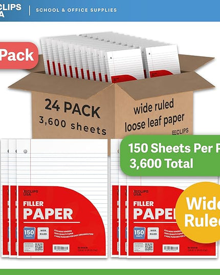 Wide Ruled Loose Leaf Paper Wide Ruled Notebook Paper Lined Writing Filler Paper 10.5” x 8” 56 gsm 3600 Sheets 150 Sheet Per Pack (24 Pack)