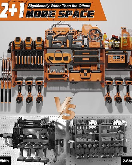 Power Tool Organizer Wall Mount, Expanded Width Garage Storage 3 Layer Heavy Duty Power Tool Storage Rack, 45.5" Battery Tools Holder with Charging Station Shelf