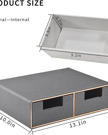 RHCSZ Linen Leather Desk Organizer with Drawers－Mini Desktop Drawer Organizer Stackable－Multifunctional Tabletop Organization Storage Box for Office Supplies Home Vanity Toiletries (Grey, 2-drawers)