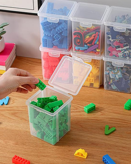 10 Pack Small Clear Storage Bins with Lids - Stackable Plastic Organizer Boxes for Crafts, Art Supplies, Jewelry, Beads, Office Tools - 3.5x3.5x4.5 Inch, Square Medium
