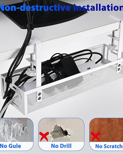 Under Desk Cable Management Tray Small – Clamp-Mounted Wire Organizer & Cord Management Under Desk Holder, No-Drill Metal Cable Tray for Home Office (White)