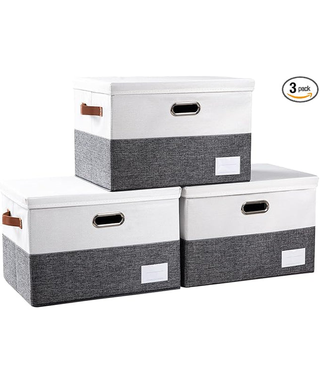 PRANDOM Foldable Storage Bins with Lids [3-Pack] Fabric Collapsible Storage Boxes Baskets Cubes Containers with Handles for Closet Living Room Bedroom (Grey & White 17.7x11.8x11.8'')