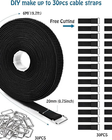 0.75"x19.7ft Hook and Loop Straps with 30 Buckles Adjustable Cut-to-Length Cable Ties - Reusable Nylon Fastening Tape Cable Straps for Storage or Organization (0.75in x 19.7ft)