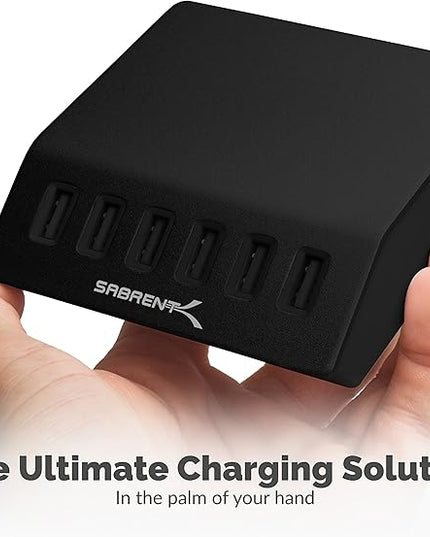SABRENT Premium 60 Watt (12 Amp) 6 Port Aluminum Family Sized Desktop USB Rapid Charger.[UL Certified ] Smart USB Charger with Auto Detect Technology [Black] (AX-FLCH-B)