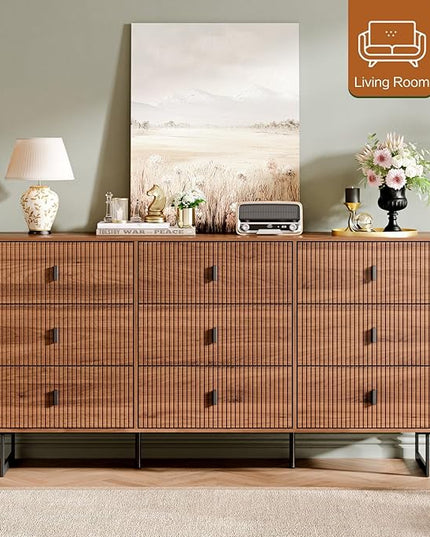 Chrangmay Modern Chest of Drawers with 9 Drawers,Deep Drawers,Clothes Organizer,Large Storage Cabinet for Living Room, Bedroom,Hallway,with Anti-Tipping Device, Walnut.