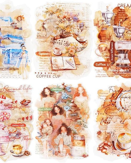 AuriicLeaf Coffee Aesthetic PET Stickers, 60 Pcs Large Collage Ephemera for Scrapbooking, Journaling, DIY Crafting, and Art Supplies