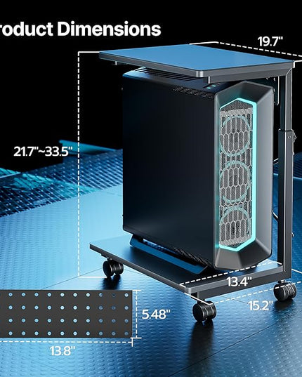 ARES WING Height Adjustable Computer Tower Stand, 2-Tier PC Tower Stand for Most PC, CPU Holder Cart with Locking Wheels for Gaming Home Office, 21.7"-33.5" Height