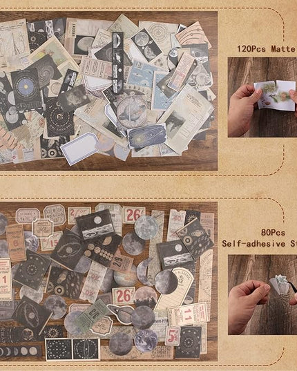 200Pcs Vintage Scrapbook Stickers, Aesthetic Junk Journal Stamping Supplies Kit, Scrapbooking Ephemera Washi Paper for Bullet Journaling Planners Diary Collage (Celestial)