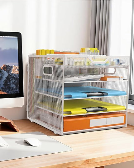 Docnest 5 Tier Letter Tray with Hanging File Organizer-Mesh Desk Organizer-Desktop Storage Box Built in Pen Holder and Handles, File Folder Holder for Mail Documents Office Supplies-White