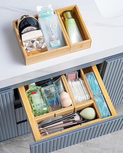 Fabsome Drawer Organizer, Set of 9 Bamboo Wood Kitchen Makeup Desk Junk Tea Drawer Storage Boxes Bins for Cutlery Silverware Utensils Flatware, Small Wooden Container Tray for Bathroom, Office