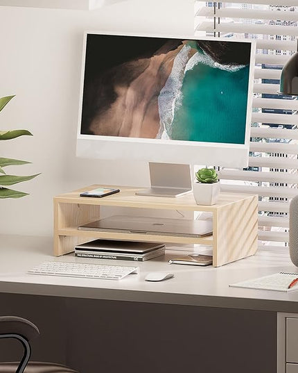 FITUEYES Monitor Stand - 2 Tier Computer Monitor Riser Shelf, Wood Desktop Stand for Laptop Computer Screen, Desk Organization, Office Supplies
