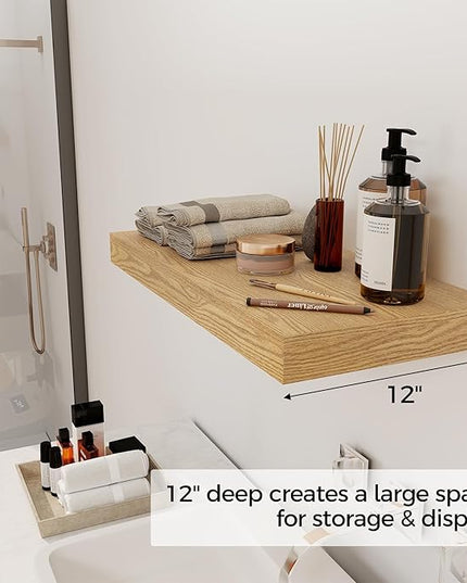 12 Inch Deep Floating Shelves, 24 x 12 Floating Shelf for Books, Rustic Wood Deep Wall Shelves for Home Storage & Display, 2" Thicked Shelves for Kitchen, Living Room, Bedroom, Oak Color, 1 Pack
